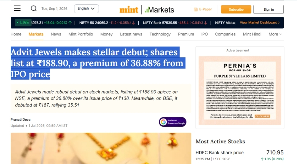 Advit Jewels makes stellar debut; shares list at ₹188.90, a premium of 36.88% from IPO price